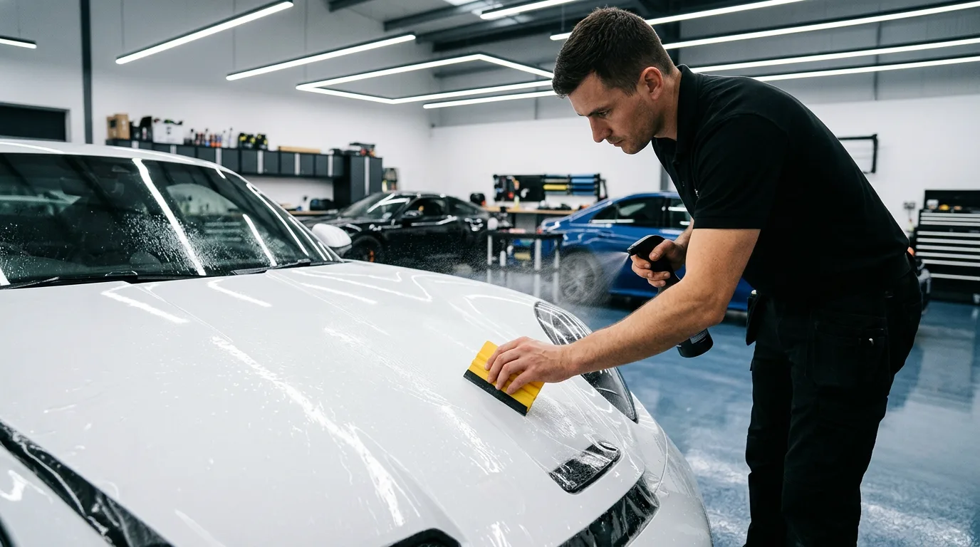Installer applying paint protection film in a workshop